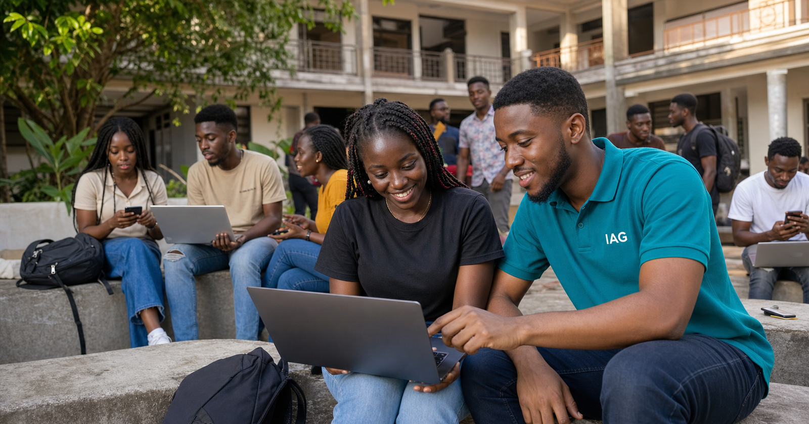 IAG student ambassador helping a university student in a Ghanaian hostel courtyard