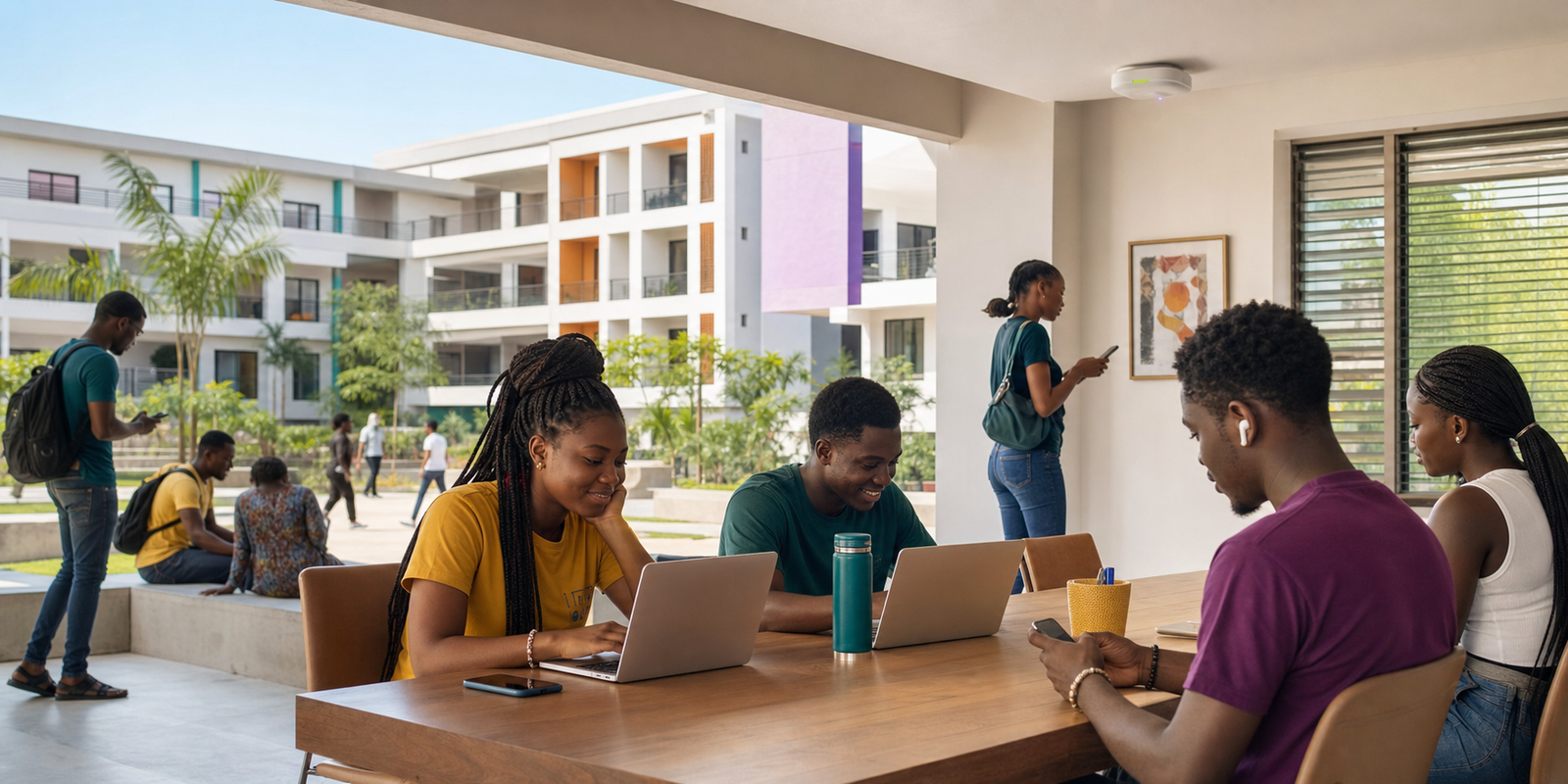 Students learning together in a connected Ghanaian hostel courtyard