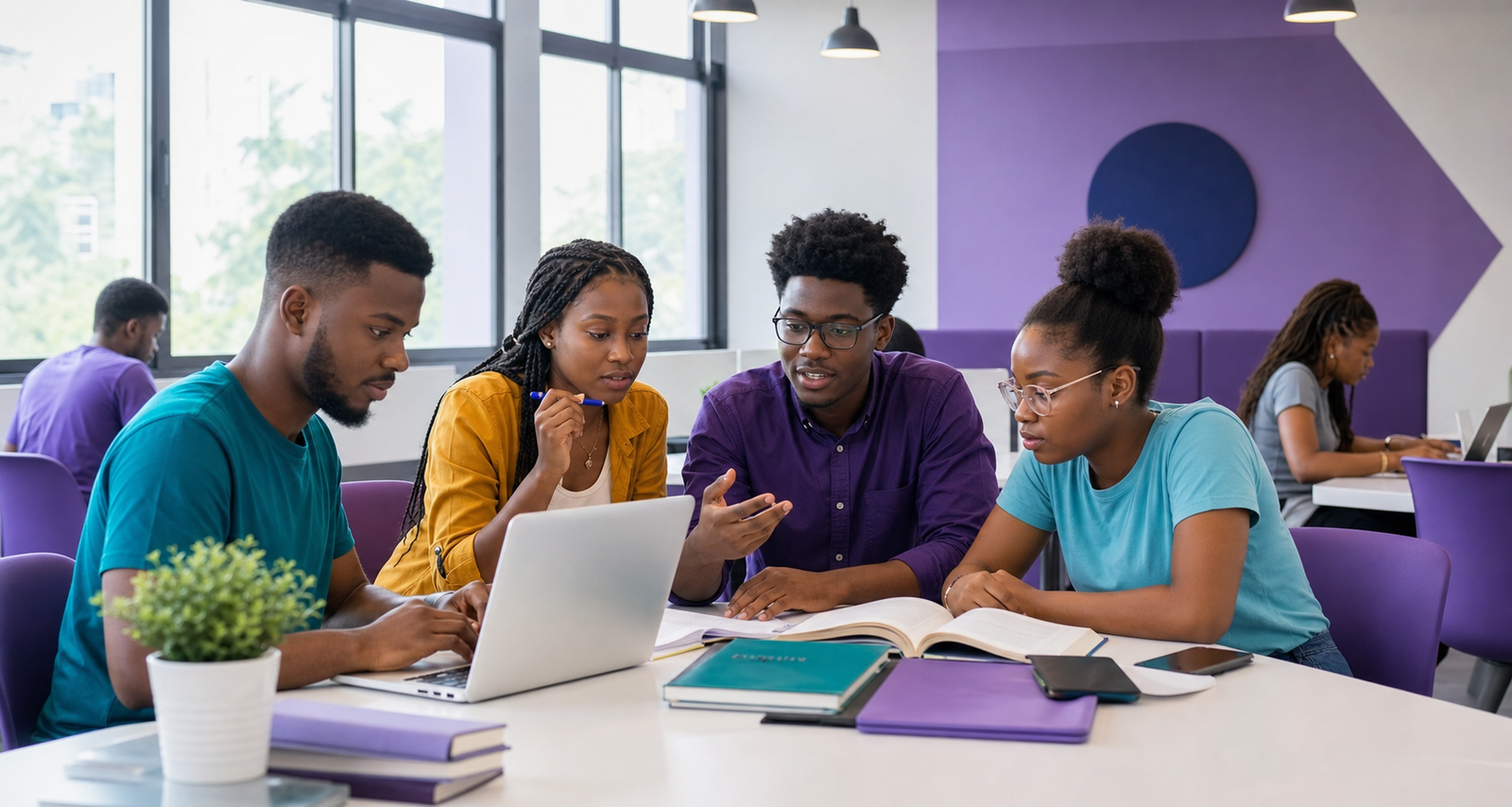 Ghanaian students collaborating with digital learning tools