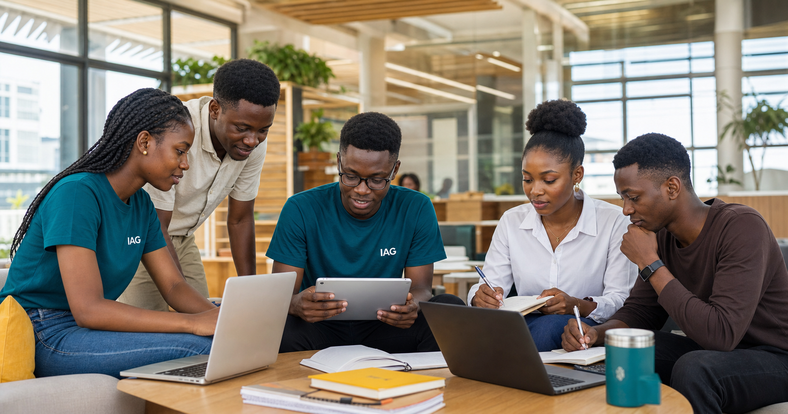 Ghanaian university students in IAG shirts collaborating in a campus study lounge