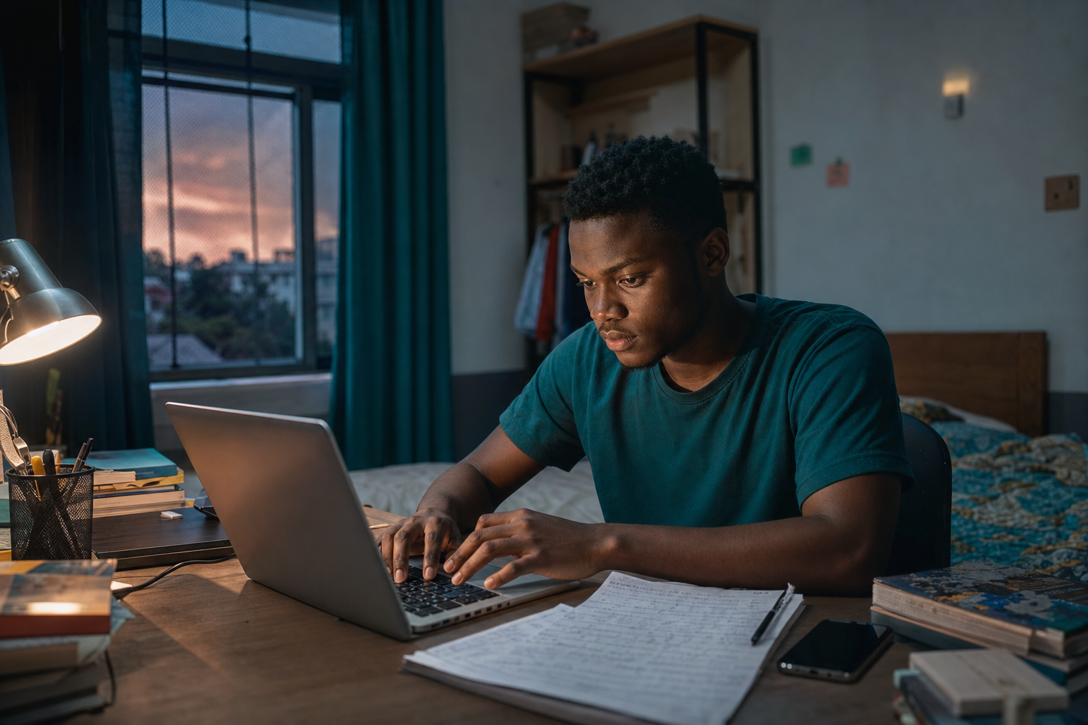 Ghanaian tertiary student studying with a laptop in a connected residence